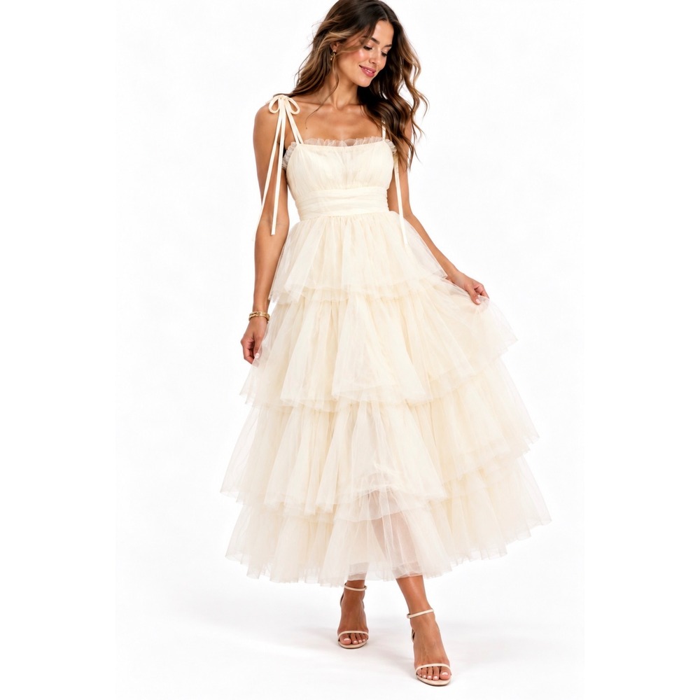NEW Baltic Born Alora Tulle Tiered Maxi Dress Womens Size L Cream Bridal Formal